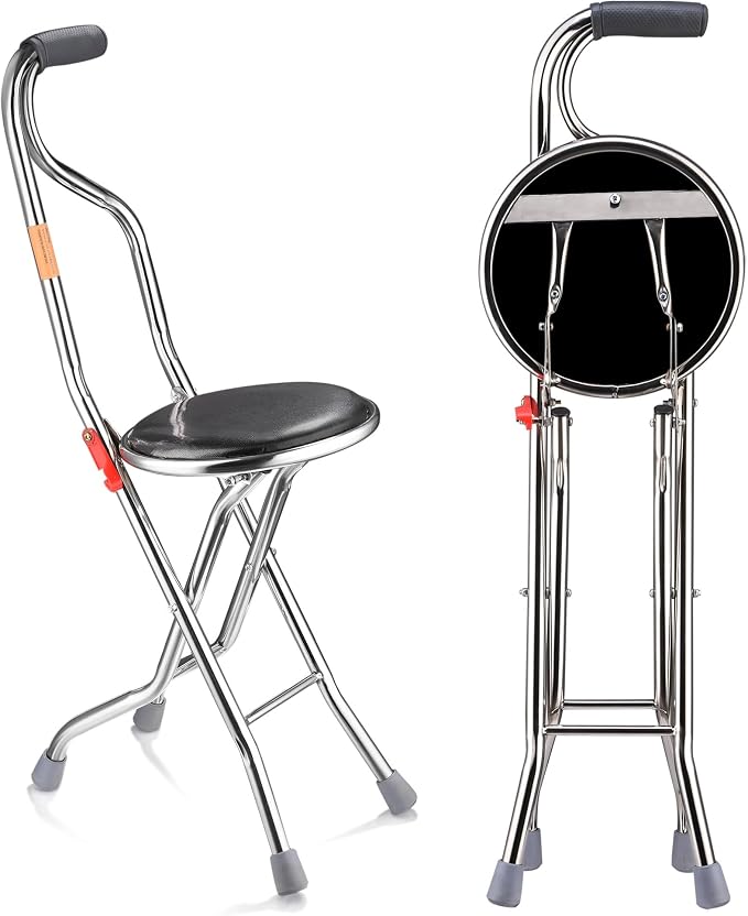 Folding Walking Stick with Seat, Stable Cane Chairs for Adults Eldely, Four Legged Portable Cane Seat Stool for Travel Hiking Waiting