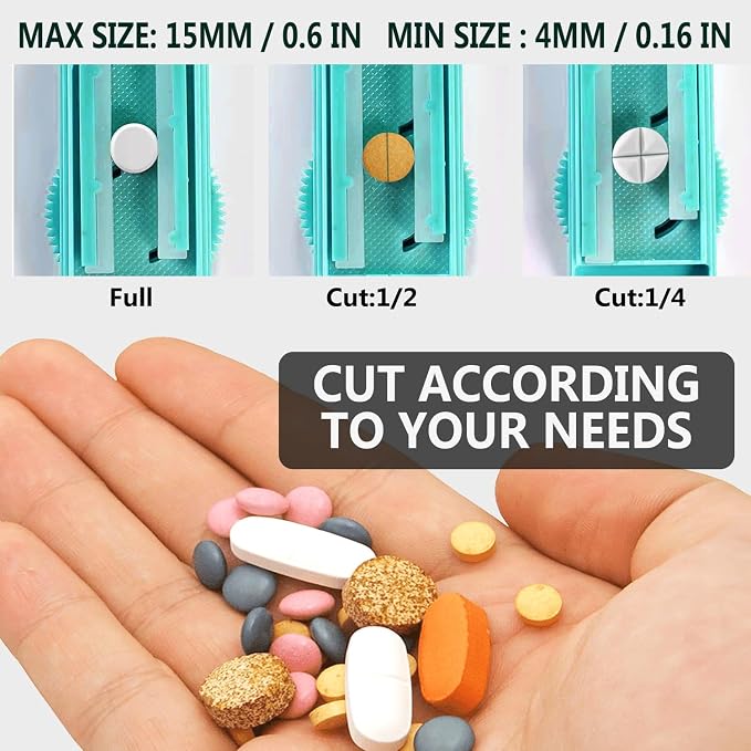 Johnbee Pill Cutter Splitter for Small and Tiny Pills. Adjustable Pill Splitter Accurately Cuts Multiple Pills at Once. Sharp Blade with Safety Guard. Non-Slip Silicone Edge (Lake Blue)