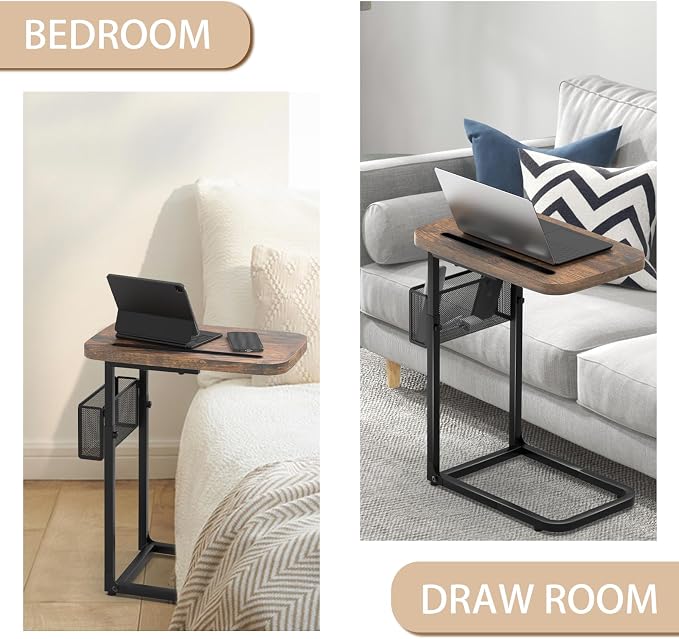 Fashion TV Tray Table with Large Tabletop, Adjustable Sofa Table with Storage Baskets, Strong Metal Frame, Tv Dinner Tray Table for TV Watching, Meals, Snacks (Square, Brown, 16.93inch x 12.6inch)