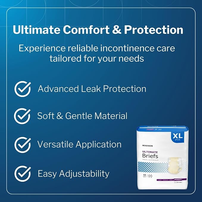 McKesson Ultimate Briefs, XL, Maximum Absorbency, Unisex, 64 in, 15 ct | Disposable, Elastic Leg Gathers and Contoured Fit for Men and Women, Incontinence