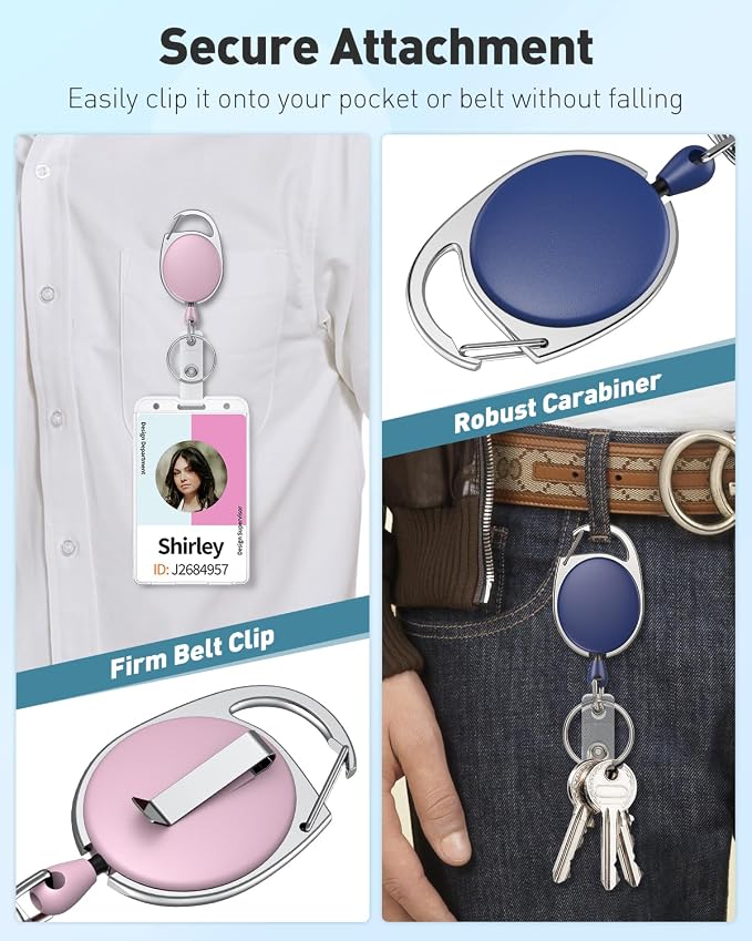 Uniclife 3 Pack Retractable Badge Reel for Badge Holder Pink Blue Black Heavy Duty Retractable Keychain ABS Casing with Stainless Steel Spring Coil 24 Inch Nylon Rope Carabiner Clip and Key Ring