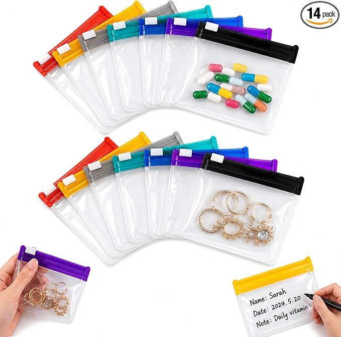 14 Packs Self Sealing Medicine Bags, Waterproof Travel Medicine Bag Set for Suitable for Repackaging and Storing Medicines, Vitamins and Supplements, Reusable Zipper Storage Bags for Daily Use