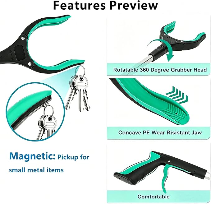 43" Extra Long Reacher Grabber Tool, Foldable, with 360° Rotating Jaw and Magnet, Trash Claw Pickup Tool for Seniors, Green