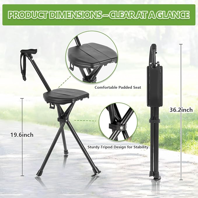 Walking Cane Chair Portable Folding 2-in-1 Trekking Pole Stick with Seat, Adjustable Sturdy Anti-Slip Lightweight Aluminum for Hiking Camping Seniors Walking