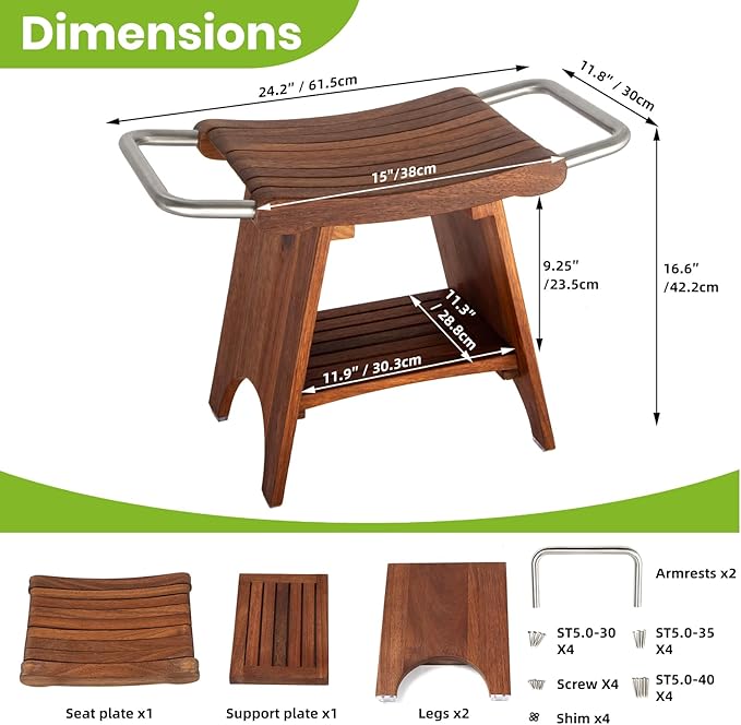 Teak Shower Bench with Stainless Steel Handles, 15” Waterproof Luxury Teak Shower Stool with Shelf, Compact Fit for Small Bathrooms, Easy Assembly Support 300 lbs