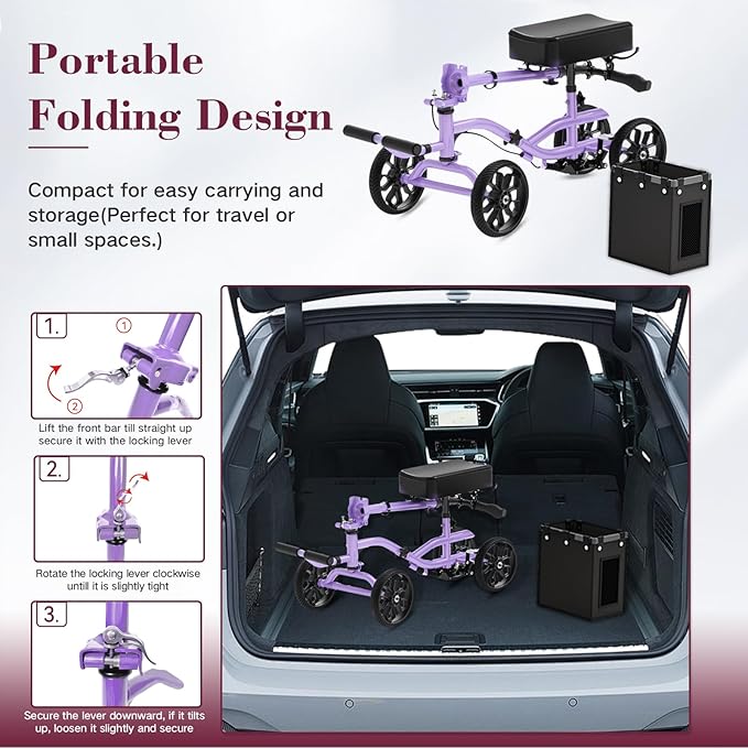 Lightweight Knee Scooter Crutch Alternative, Foldable & Adjustable Knee Scooter for Adults for Foot Surgery, Steerable Knee Walker with Detachable Basket, Includes DIY Stickers-Cream Purple