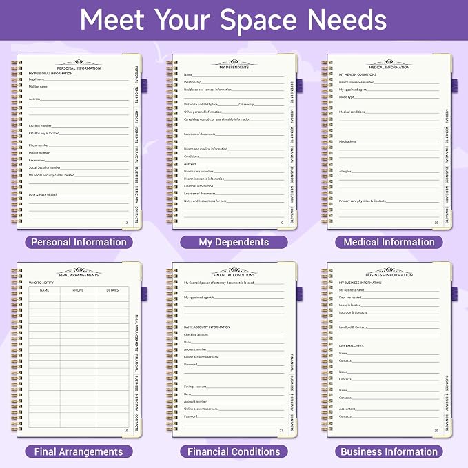 End of Life Planner, Estate Planning Organizer with Tabs for Senior, Spiral Funeral Planning Book with Large Font, Gold Corner Guards & Inner Pocket for Will Preparation, 7.36" x 10.4", Purple
