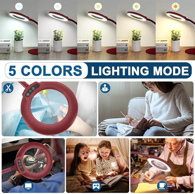 IVMAIE 12X Magnifying Glass with Light, Real Glass Lens, 5 Color Modes Dimmable, Flexible Gooseneck Lighted Magnifier with Stand, LED Desk Lamp Hands Free for Crafts Painting Reading Close Work, Red