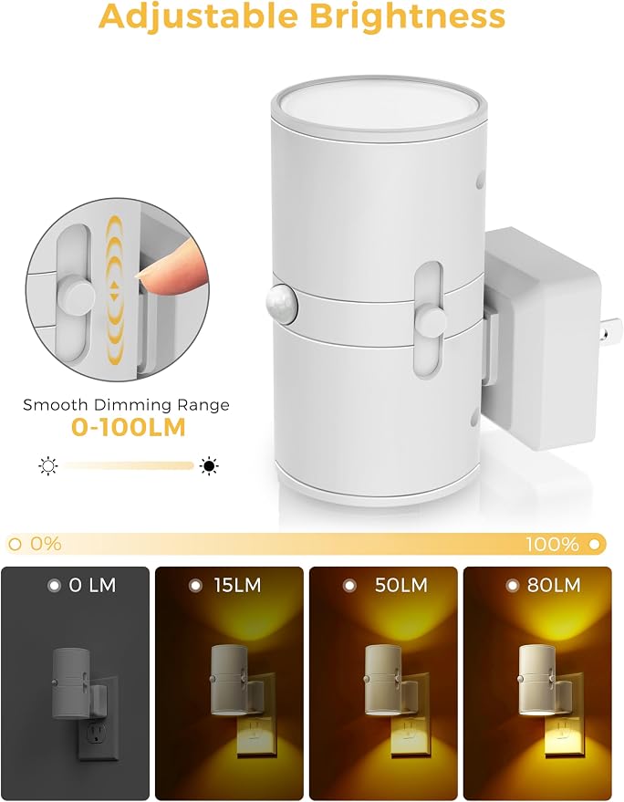 L LOHAS LED Motion Sensor Nightlight, Amber Night Light, [2 Pack] Motion Activated Night Light, Yellow Nightlights, Dimmable 0-100LM, Sleep Light for Bathroom Hallway Bedroom Stairway Kitchen