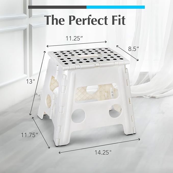 Handy Laundry Folding Lightweight Step Stool - Sturdy Enough to Support Adults - Opens Easy with One Flip - Great for Kitchen, Bathroom or Bedroom (White - 13 inch)
