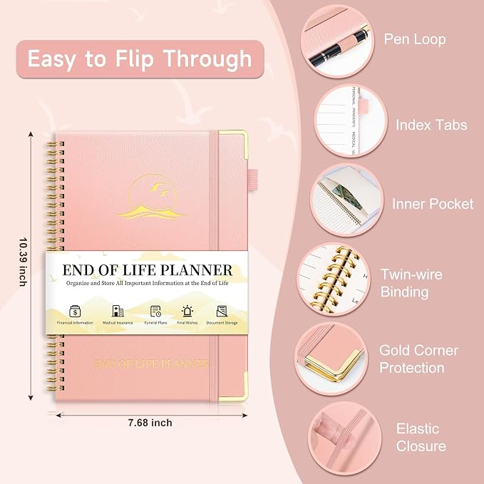 End of Life Planner, Estate Planning Organizer with Tabs for Senior, Spiral Funeral Planning Book with Large Font, Gold Corner Guards & Inner Pocket for Will Preparation, 7.36" x 10.4", RoseGold