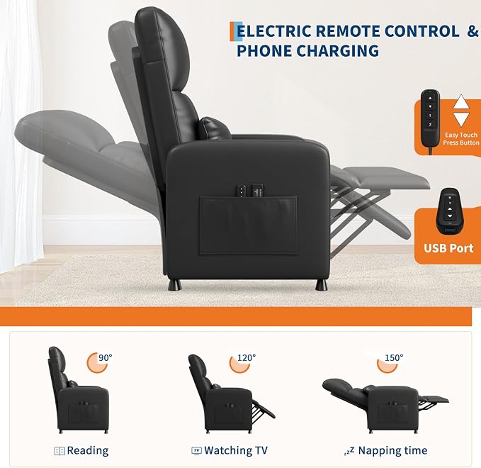 GarveeHome Power Recliner Chair with Massage and Heat, Adjustable Electric Recliner Ergonomic Overstuffed PU Leather Single Sofa, 2 Side Pockets and USB Port, Home Theater Seating for Living Room