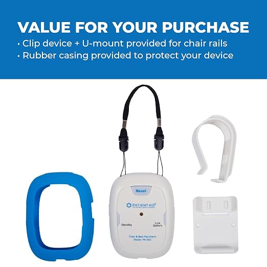 Patient Aid Chair Alarm with 10" x 15" Motion Sensor Pad and Wired Device with Rubber Casing, Ring Sound and Mounting Options, AC Adapter and Battery Powered Wandering and Fall Prevention for Elderly