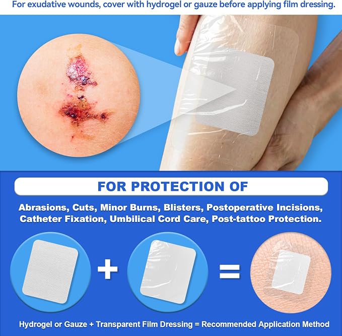 FRESINIDER Transparent Film Dressing 2.3” x 2.75” (50 Pack) – Small Waterproof Shower Bandages, Breathable Clear Wound Cover with Border for IV Shield, Post-Surgery Care & Tattoo Aftercare