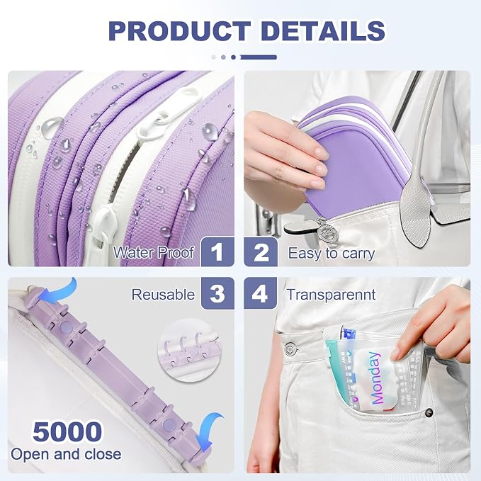 Timueetech XXL A6 Pill Organizer, 28 BPA-Free Medication Pouches for A6 Binders, Large Monthly Waterproof Storage System with Double-Compartment Travel Case, Purple