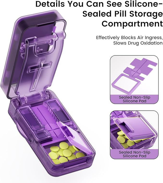 Pack of 2 Pill Cutter - 1/4 & 1/2 Pill Splitter for Small Tiny Large Pills Professional | Hidden Blade & Sealed Storage | Adjustable & Cuts Multiple Tablets | Includes Cleaning Brush (Purple)