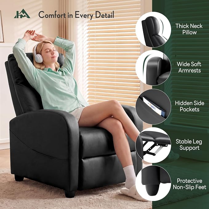 Recliner Chair, Recliner Sofa PU Leather for Adults, Recliners Home Theater Seating with Lumbar Support, Reclining Sofa Chair for Living Room, Black