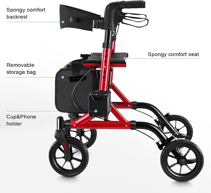 WALK MATE Rollator Walker for Seniors with Cup Holder, Upgraded Thumb Press Button for Height Adjustment, 4 x 8 Wheels Walker with Seat Padded Backrest Folding Lightweight Walking Aid, Red