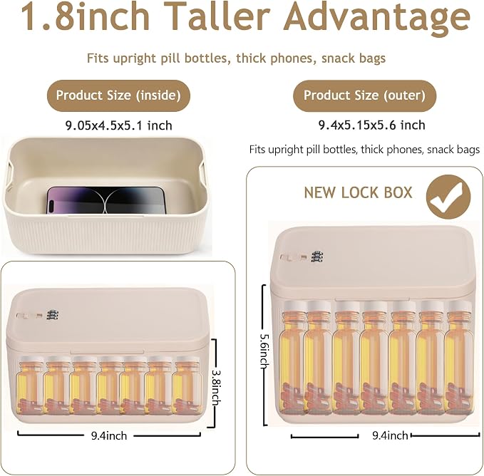 Lockable Storage Box with Code, Taller Lockable Storage Container for Medication, Food, Refrigerator Snack, Phone, Phone Jail Food-Safe BPA-Free Medicine Lock Box, Beige