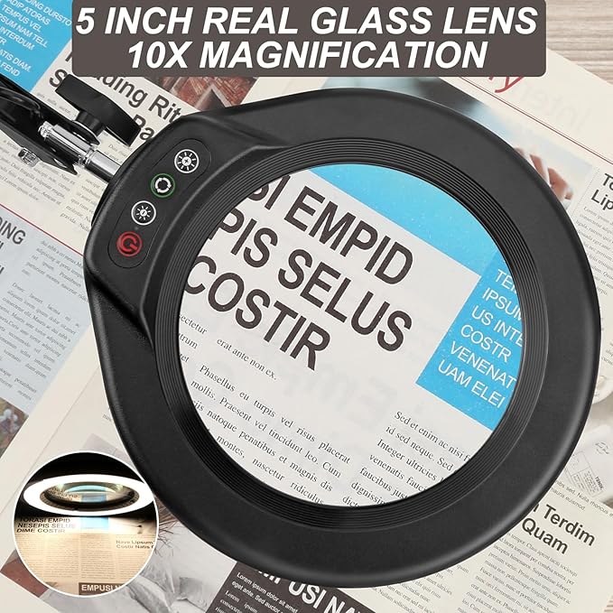 VEEMAGNI 10X 5 Inch Large Real Glass Magnifying Glass with Light and Stand, 5 Color Modes Stepless Dimmable, Long Swivel Arm LED Clamp Desk Lamp, Hands Free Lighted Magnifier for Reading Crafts Hobby