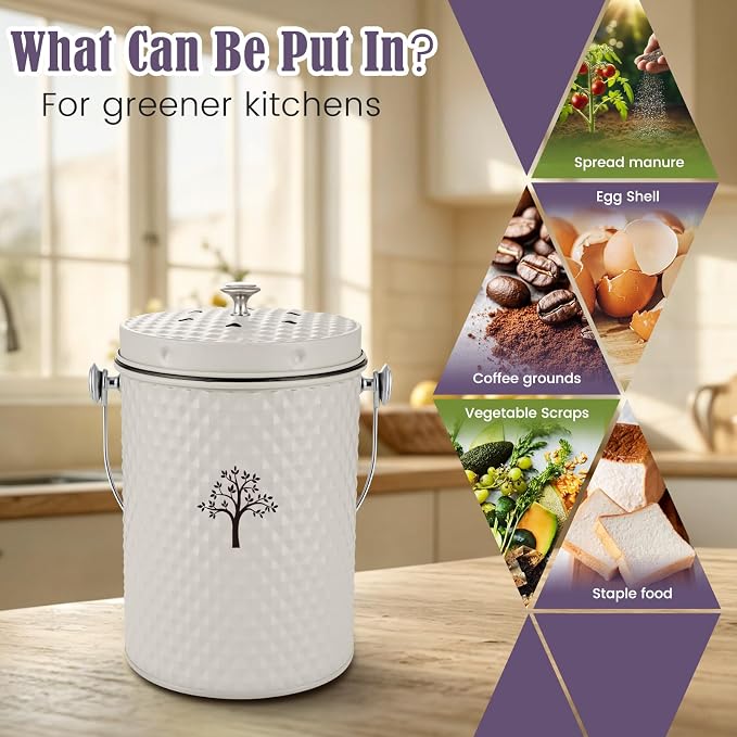 Countertop Kitchen Odorless Compost Bin with Removable Inner Bucket | 1 Gallon Composter Container,Includes 50 Compost Bags,2 Carbon Filters,Compost Bucket, ideal for food scraps,coffee grounds