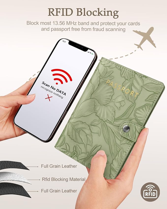 Slohif Elegant RFID Passport Holder for Travel with AirTag Sage Green | Floral Embossed Passport Wallet for Women, Slim Vegan Leather Travel Organizer with Money Pocket and Card Slots