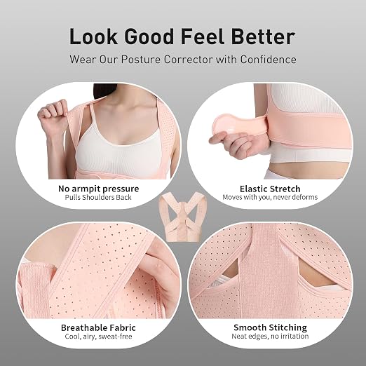 Posture Corrector for Women Back Brace Shoulder Straightener Pink, S/M | Back Posture Corrector Women, Posture Support Belt, Adjustable Fit, Office, Travel, Daily Wear