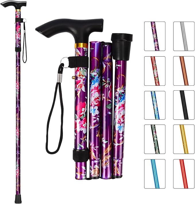 MFE Folding Cane, Portable 5-Level Adjustable Height Walking Stick with Foldable Design, Wrist Strap, and T Handle for Men and Women