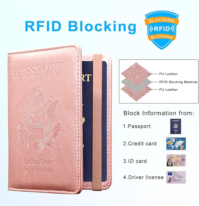 ACdream Passport Holder Cover, Leather Travel Wallet Case, RFID Blocking Document Organizer Protecrtor, with Slots for Credit Cards, Boarding Pass, for Women and Men, Rose Gold