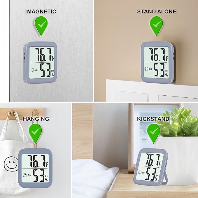 2 Pack Room Thermometer Indoor Hygrometer | Monitor Temperature & Humidity, Accurate, Fast Read, Easy To View, Magnetic/Kickstand/Hanging, ℉/℃, w/ Battery, Compact