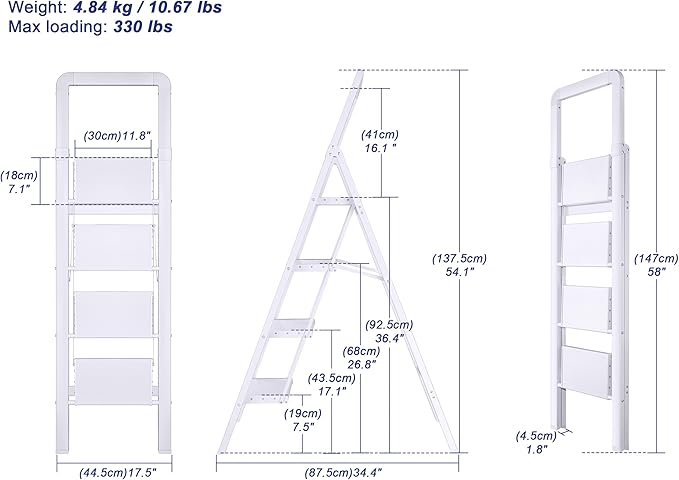 Step Ladders Folding 4-Step White Finish Aluminum Foldable Step Stool,Anti-Slip Portable Sturdy for Home & Kitchen Office 330 lbs