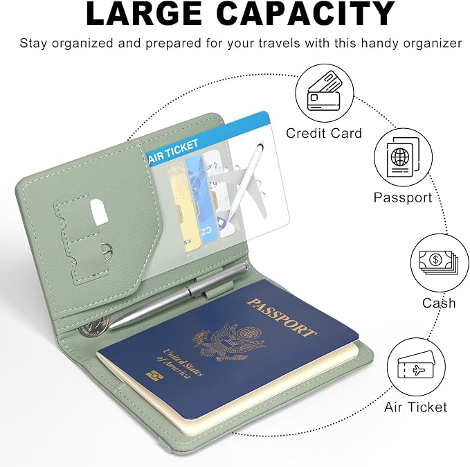 ACdream RFID BLOCKING Passport Holder Travel Wallet, Premium PU Leather Cover Passport Book with Card Holder, Pen Holder, Keep Organization, and Travel Essentials for Women and Men, Agave Green