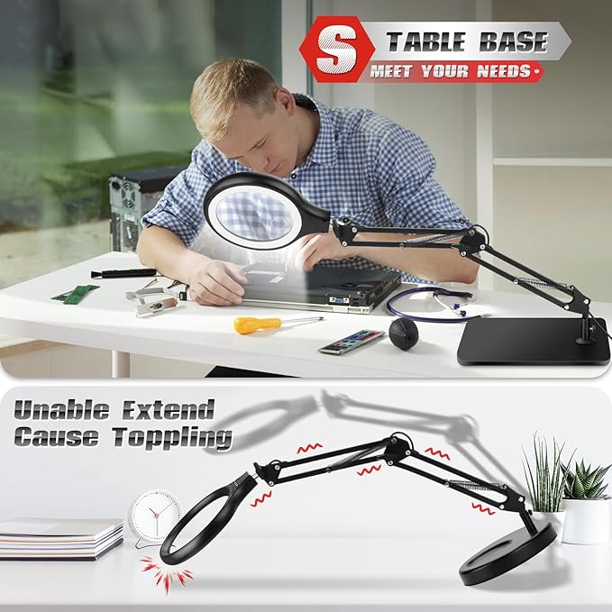 NZQXJXZ 10X 30X Large Magnifying Glass with Light and Stand 5-inch | Lighted Magnifier,3 Color Modes Stepless Dimmable, Hands-Free,Magnifying Desk Lamp for Reading, Craft, Hobby, Close Work