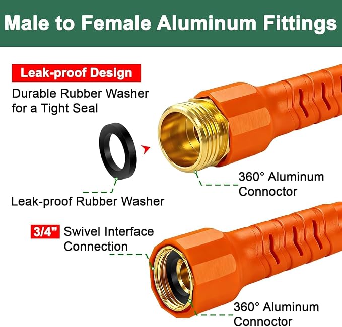 25FT Flexible Garden Hose & 10Modes Nozzle,Lightweight Water Hose,Kink-Free,All-Weather 3/4 in. NoneExpanding Hose for RV,Boat,Car Wash,Garden,Yard,Camper,Outdoor (Orange-Black, 25 Feet)