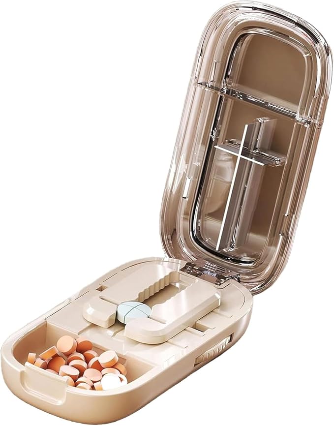 Pill Cutter Splitter for Small and Tiny Pills, Adjustable Pill Cutter and Splitter for Multiple Pills, Portable 1/2 1/4 Splitter Popper, Accurate Centering Alignment Device (Beige, 1/2 + 1/4)