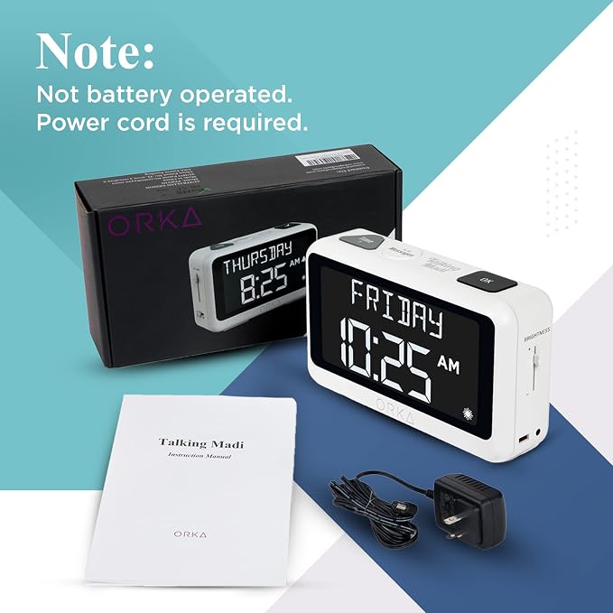 ORKA Talking Clock. Voice Recordable Ex Large Medication Pill Reminder. Talking Alarm Clock for Dementia, Hearing, Visually impaired Seniors-Digital Day Clock with Multiple Customized Alarms White