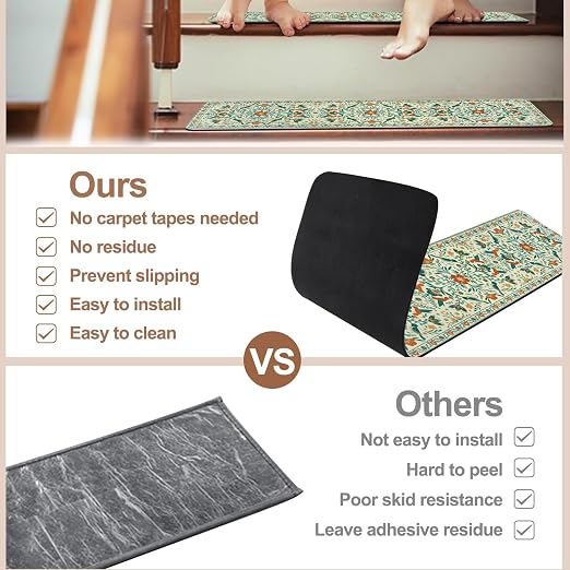 OJIA Non-Slip Stair Treads Stair Runner for Wooden Steps Indoor 15PC 30"x8" | Floral Carpet Stair Treads Stair Mats Staircase Step Treads for Kids, Elders and Dogs, Stair Covers, Beige