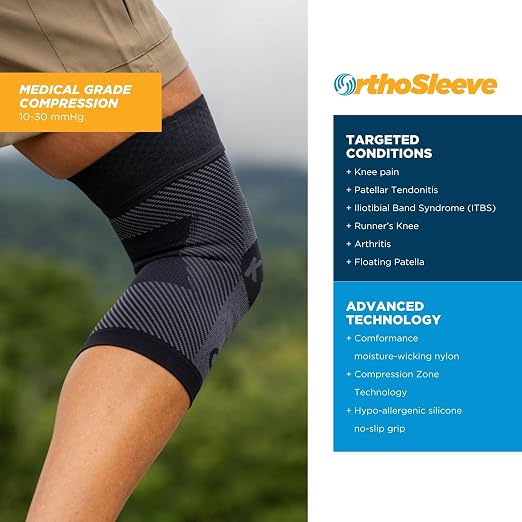 OrthoSleeve Compression Knee Brace/Sleeve for ACL, MCL, Injury Recovery, Meniscus Tear, knee pain, aching knees, patellar tendonitis & arthritis