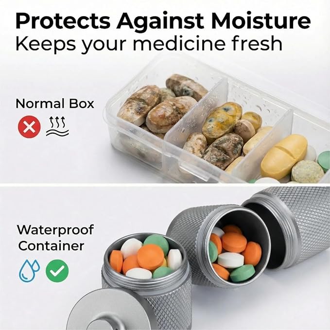 Waterproof Keychain Pill Holder - Compact, Portable, and Secure Pill Box with 3 Compartments - Pocket-Sized Pill Case and Container for Daily Medication on the Go, Sliver | Anodized aluminum with a keyring. 3 detachable layers. Pocket-sized, rustproof ...