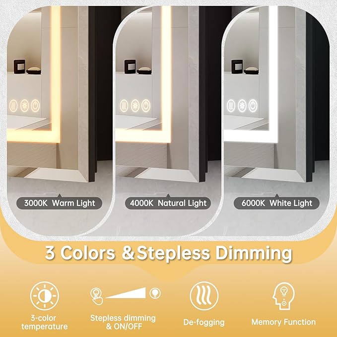 16"X24" Bathroom Medicine Cabinet with Mirror, LED Lighted Medicine Cabinet with Anti-Fog, 3 Colors Temperature Stepless Dimmable, Metal Cabinet for Storage and Mordern Decor, Black