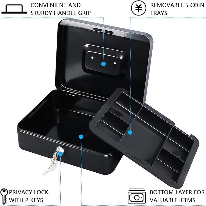 KYODOLED Large Cash Box with Removable Money Tray, Key Lock Metal Storage Box with 2 Keys & Portable Handle, Safe Cash Drawer, 9.84"x 7.87"x 3.54", Black Large