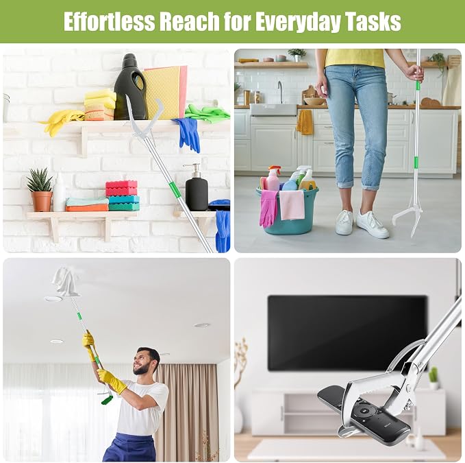 50" Foldable Grabber Reacher Tool with Green Handle, Extra Long Lightweight Trash Pickup & Litter Picker, 3-Fold Stainless-Steel Reaching Aid for Home, Office & Garden Use
