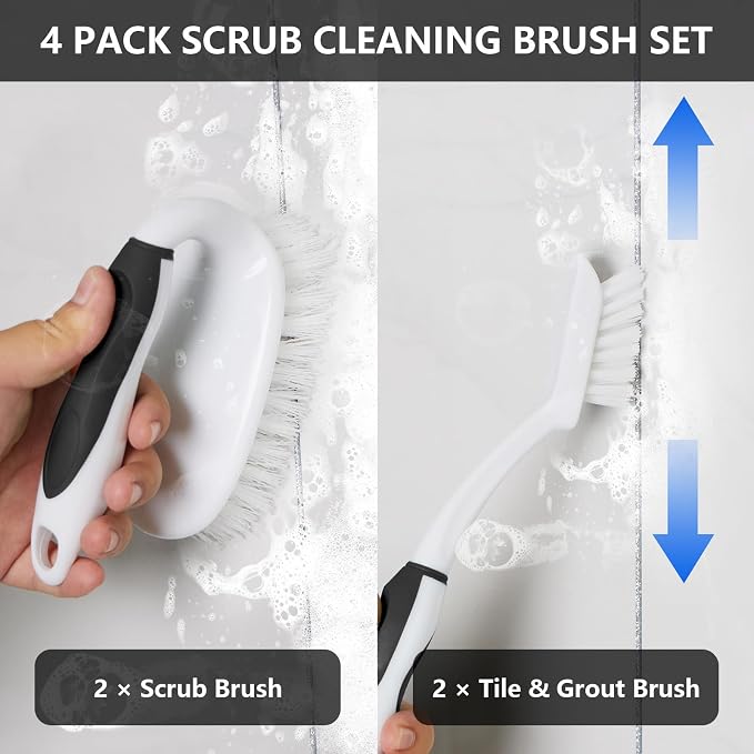 Scrub Brush Set, 4 Pack Deep Cleaning Brush Kit, Black | 2 Scrub Brush, 2 Tile & Grout Brush with Built-in Scraper, Household Commercial Scrubber for Floor, Shower, Pool Wall, Tub