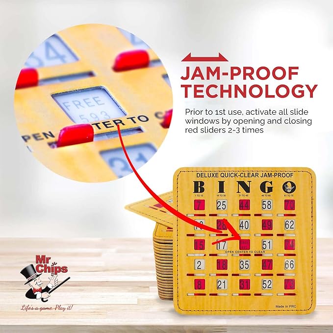 MR CHIPS Jam-Proof Bingo Cards with Sliding Windows, 25 Reusable Shutter Cards, 75 Calling Cards 1 Master Board in Woodgrain Style