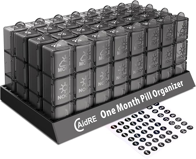 CAidRE Monthly Pill Organizer 3 Times A Day, One Month Pill Box Organizer Morning-Noon-Night, 31 Day Pill Organizer with 32 Daily Compartments for Fish Oil, Vitamins, Supplements and Medications,Black