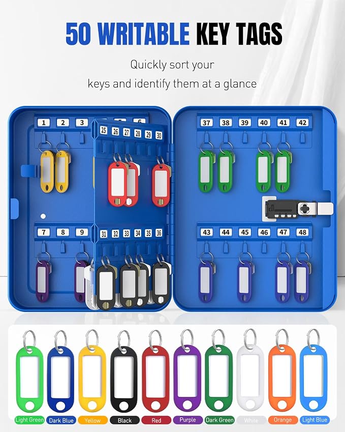 Uniclife 48 Keys Lock Box for Keys with Code, Wall Mount Key Lock Box with Code, Lockbox for Keys, Key Lockbox with Tags, Key Cabinet, Key Storage Box for Home Office & Company, Blue