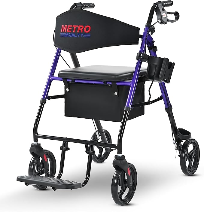 Metro Mobility 2 in 1 Rollator Walker & Transport Wheelchair, Foldable Lightweight Rollator Walker with Seat, 8" Big Wheels for All Terrain, 300 lb. Weight Capacity, Purple