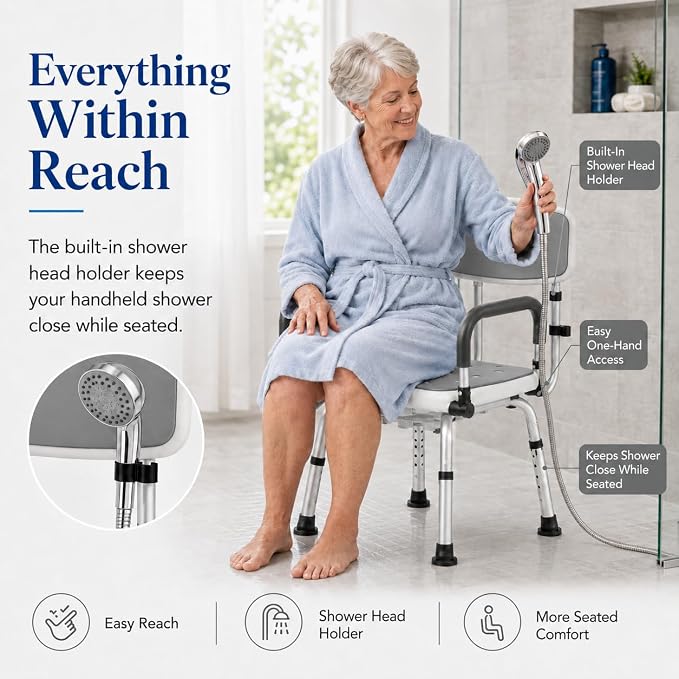 Deluxe Swivel Shower Chair with Arms & Back by CZMY, 360° Locking Seat, 5-Level Height Adjustable, Padded Heavy-Duty Bath Chair, 300 lbs, for Seniors, Elderly, & Disabled (Grey with Flip-Up Arms)