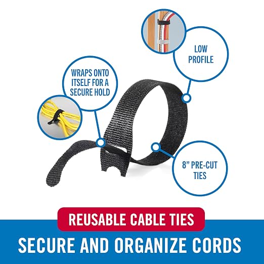VELCRO Brand 150pk Cable Ties Value Pack, 8in | Gifts for Tech Lovers | For Wire Management and Cord Organizer | Replace Zip Ties with Reusable Straps, Reduce Waste