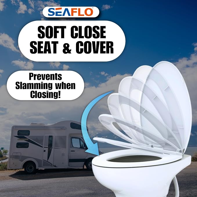 SEAFLO Porcelain RV Toilet with Sprayer Attachment - Elongated Bowl 19” Inch Residential Height, Gravity Flush, Foot Pedal Soft Close Seat Camper Motorhome Easy Install 4 -year Warranty SFRTCH-02-02